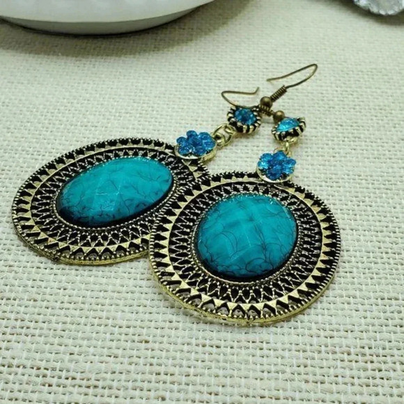 Bold Antiqued Swirl Acrylic Faceted Gem Earrings Turquoise Bronze - Picture 4 of 6